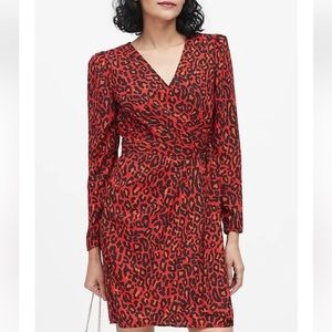 Banana Republic Red Leopard Print Puff Sleeve Wrap Dress